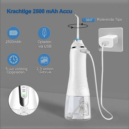 Hete verkoop ???? Docci DC-700W Flosapparaat – 5 Standen En 5 Opzetstukjes – Gratis Luxe Reistas - 300 Ml Tank - 30 Dagen Geld Terug Garantie! – Wit ???? 5 Hete verkoop ???? Docci DC-700W Flosapparaat – 5 Standen En 5 Opzetstukjes – Gratis Luxe Reistas - 300 Ml Tank - 30 Dagen Geld Terug Garantie! – Wit ???? - Afbeelding 5